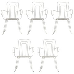 Set of 5 White Garden Chairs with Woven Plastic Seats, Italy, 1960s