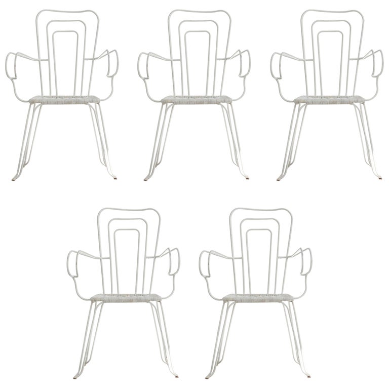 Set Of 5 White Garden Chairs With Woven Plastic Seats Italy 1960s For Sale At 1stdibs