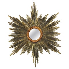 Miroir baroque espagnol Sunburst, bois doré à feuilles d'argent et d'or