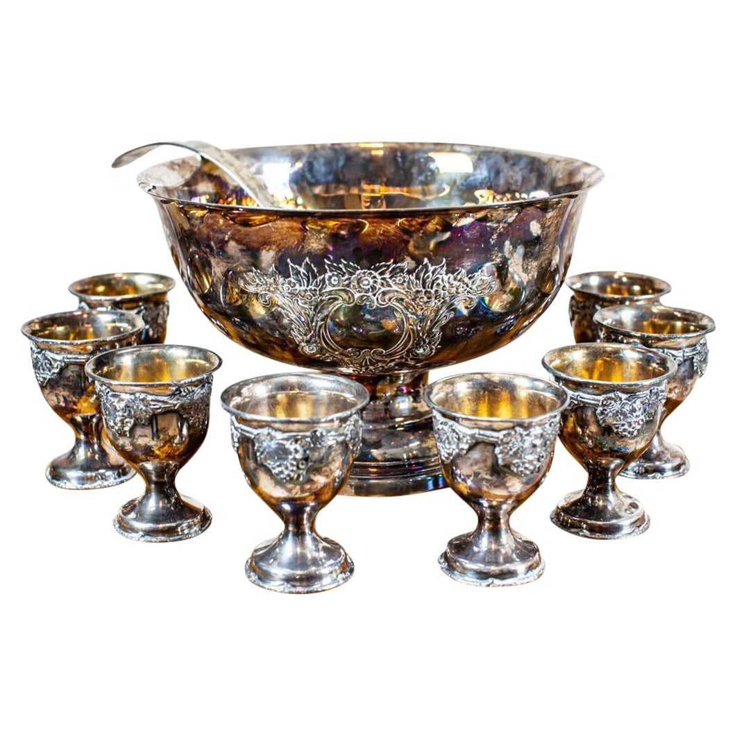 20th-Century Silver-Plated Punch Bowl and Cups For Sale