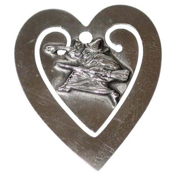 Novelty Sterling Silver Heart-Shaped Bookmark, Witch and Broomstick, c.1920