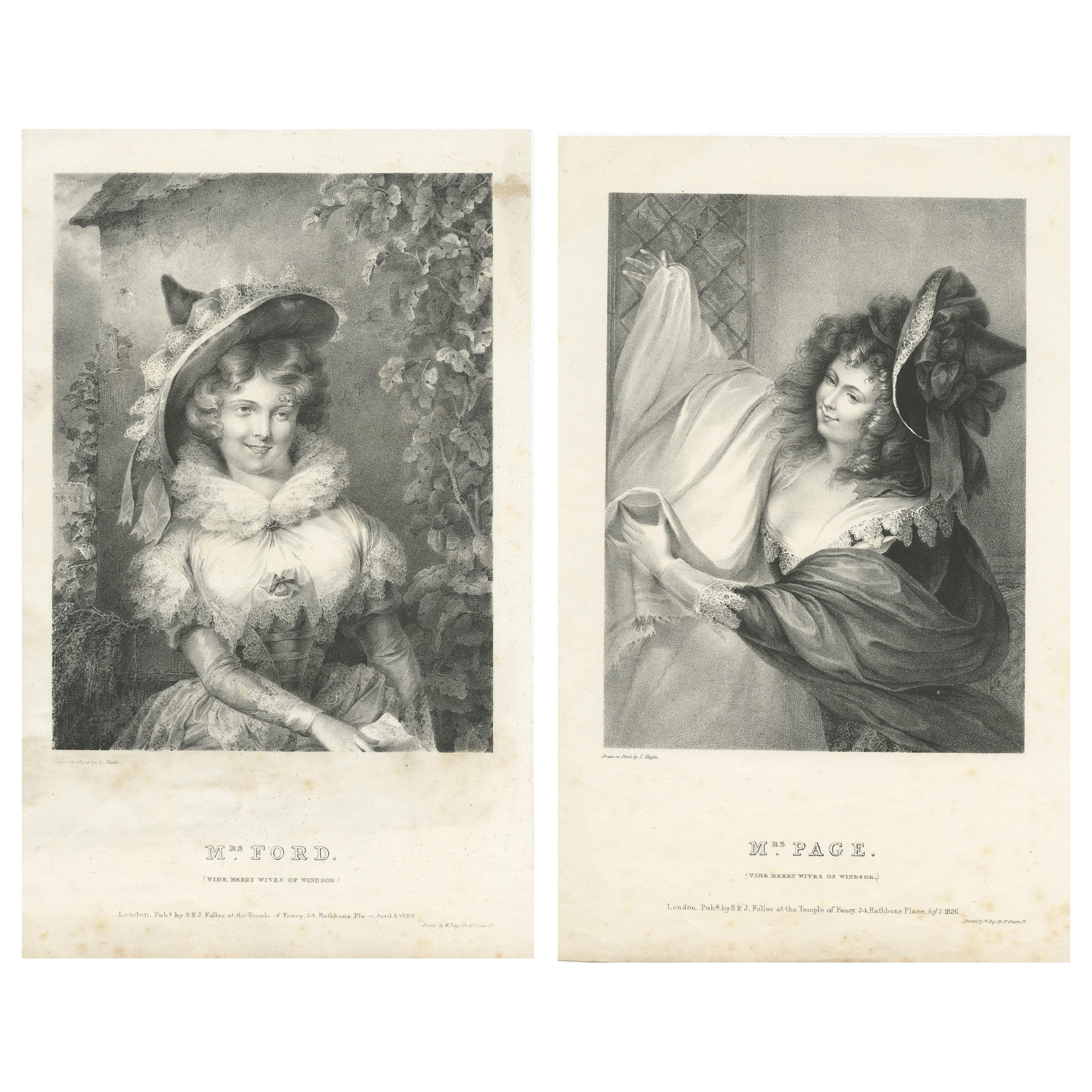 Ensemble de 2 estampes anciennes de deux personnages de « The Merry Wives of Windsor » (les sirènes de Windsor)