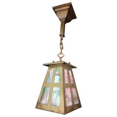 Arts & Crafts Mission Brass with Slag Glass Pendant Lamp, C1905