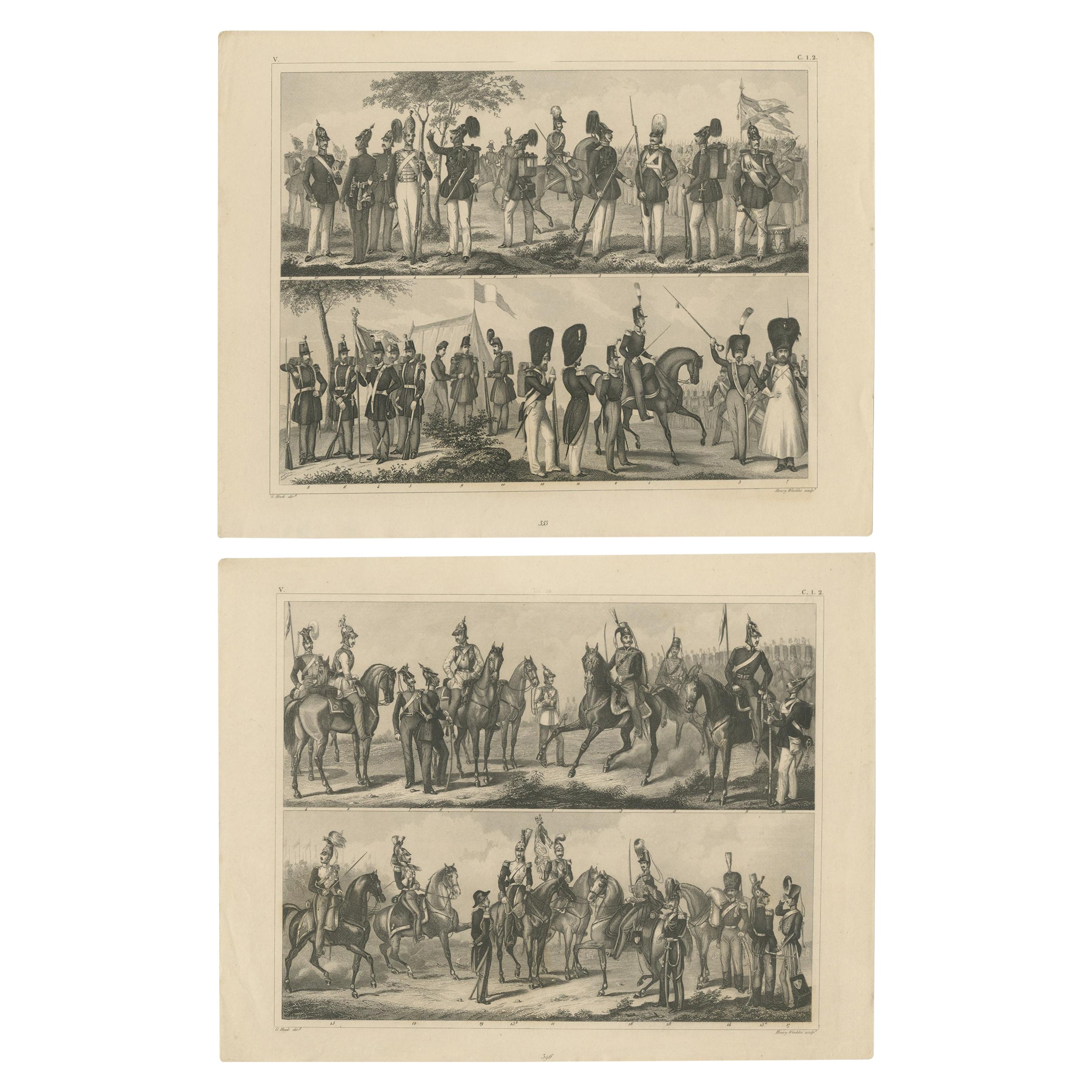 Set of 2 Antique Prints of Various Soldiers by Heck '1849' For Sale