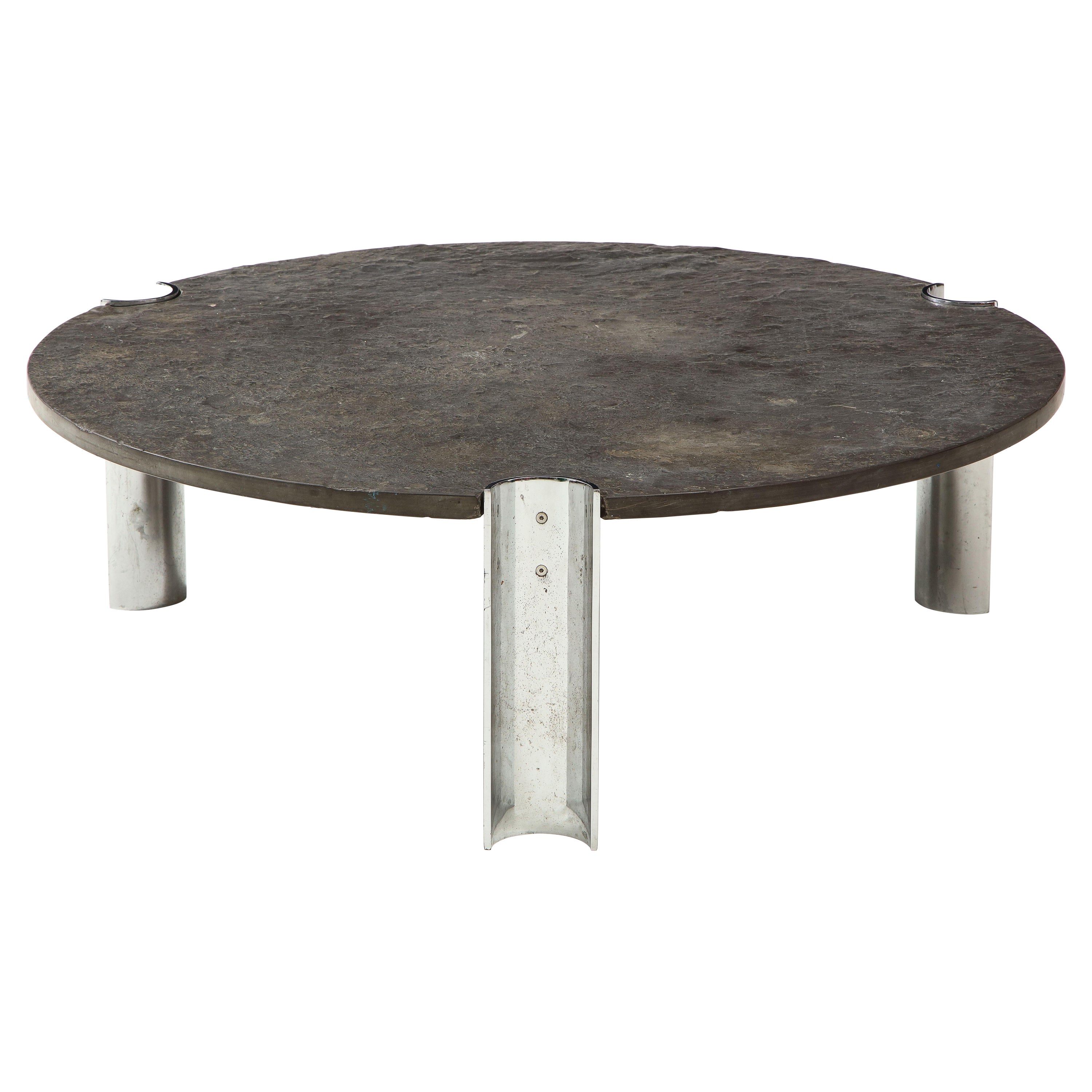 Mid-Century Limestone and Chrome Coffee Table with Fossils, Brazil, c. 1970s For Sale