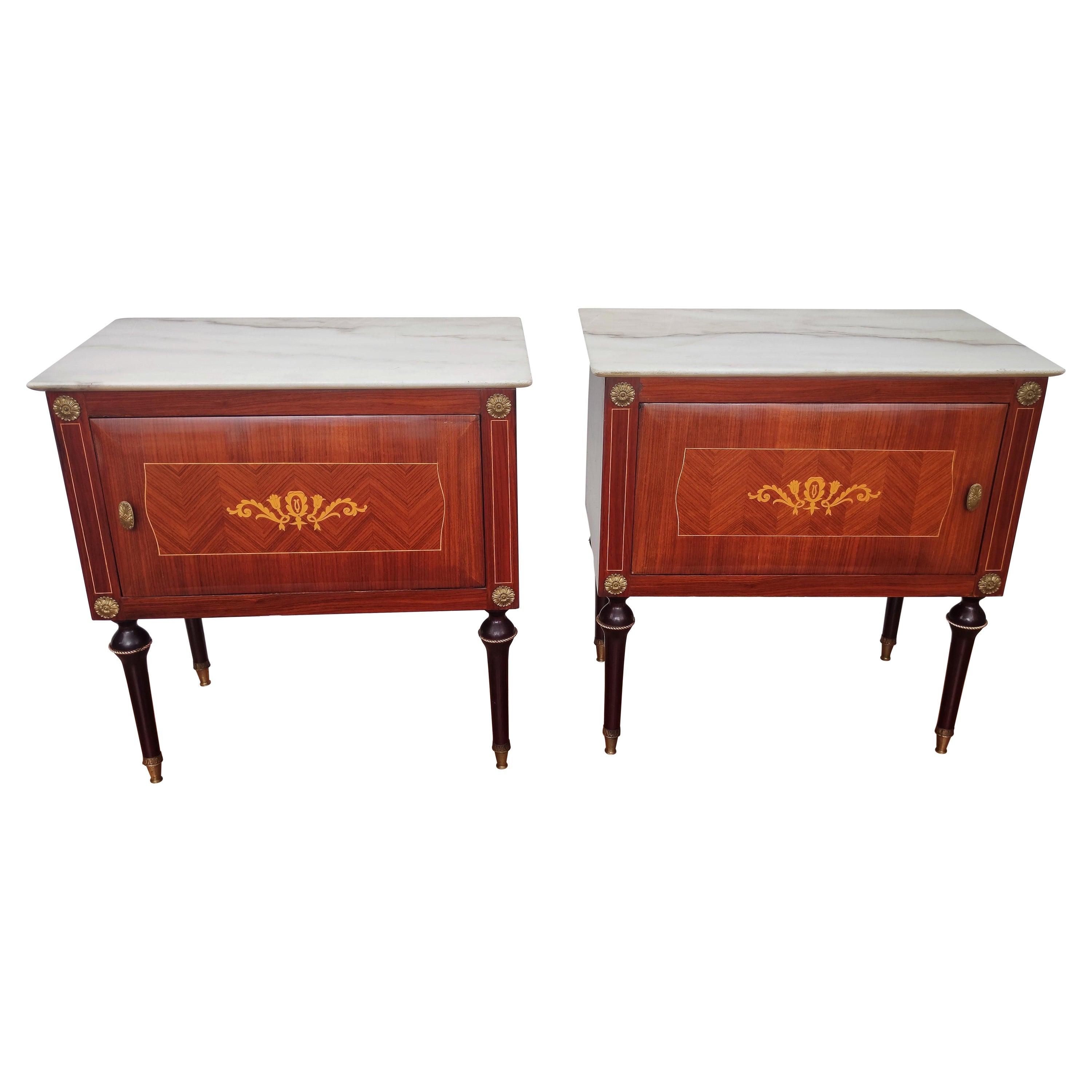 Pair of Italian Midcentury Art Deco Night Stands Walnut and White Marble Top