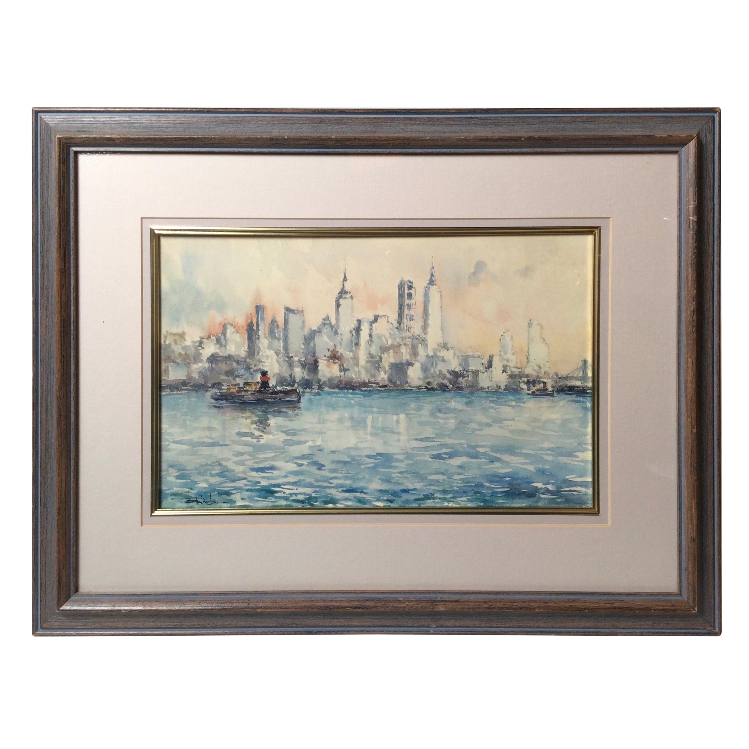 Mid-Century Original Watercolor of the New York City Skyline Signed Lower Right For Sale