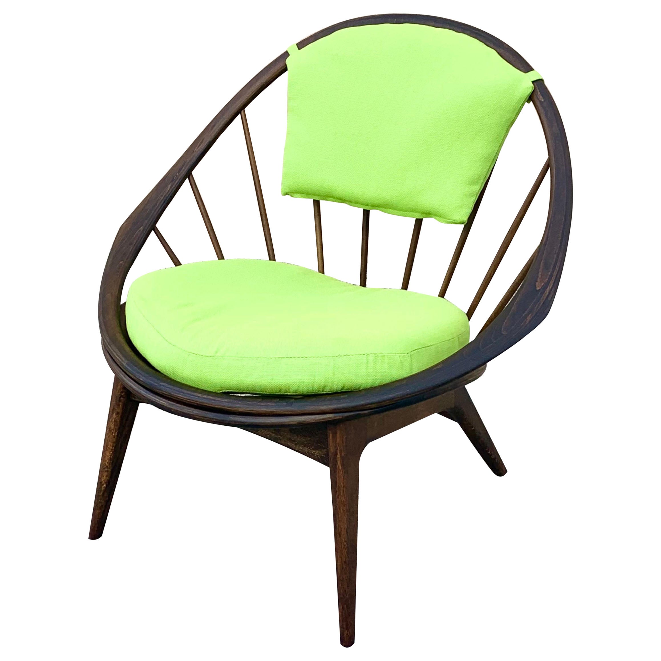 IB Kofod Larsen Walnut Hoop Chair, Green Upholstery For Sale
