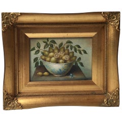 Oil Painting on Board of Pears and Lemons, Giltwood Frame