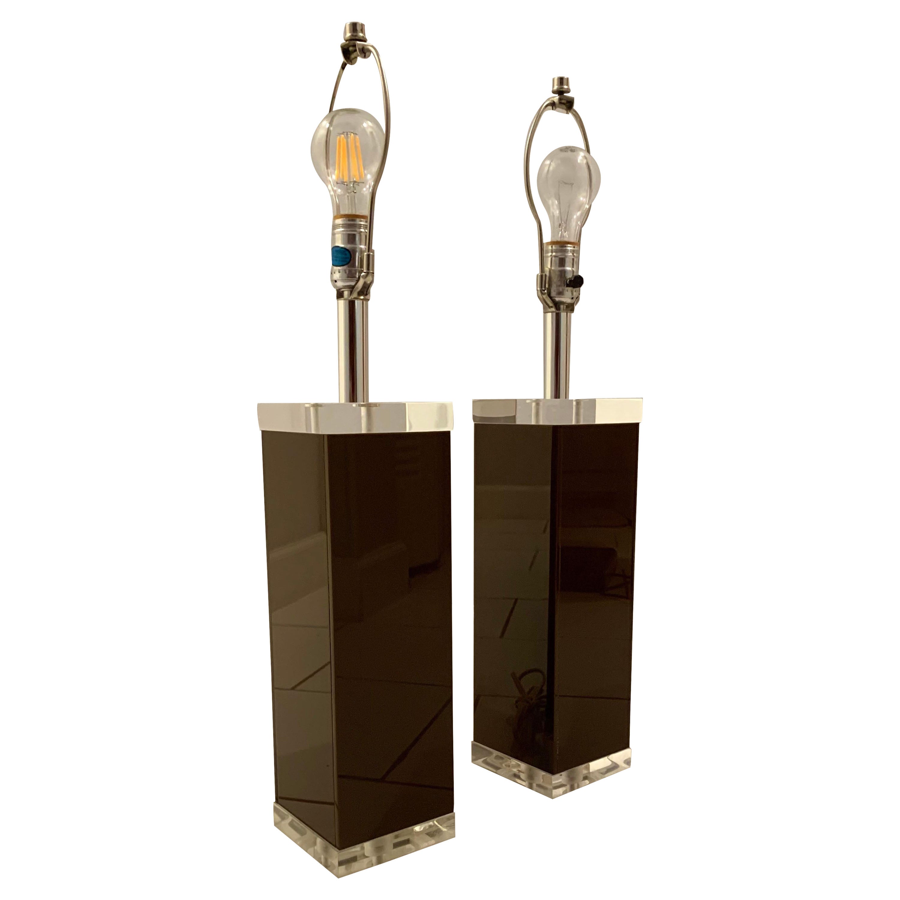 George Bullio Lucite Lamps in Brown and Clear, a Pair For Sale