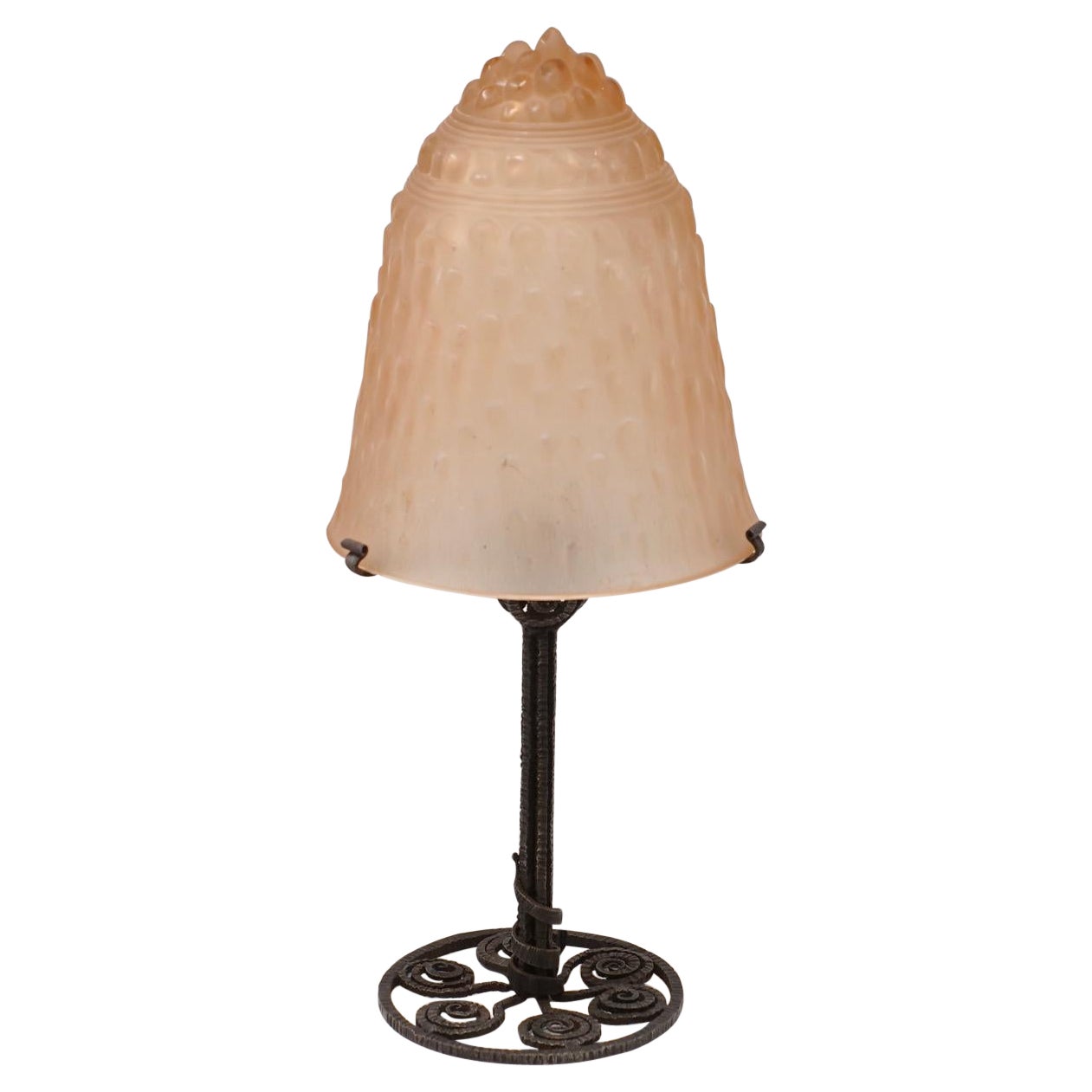 Art Deco Forged Iron Lamp with Müller Freres Shade