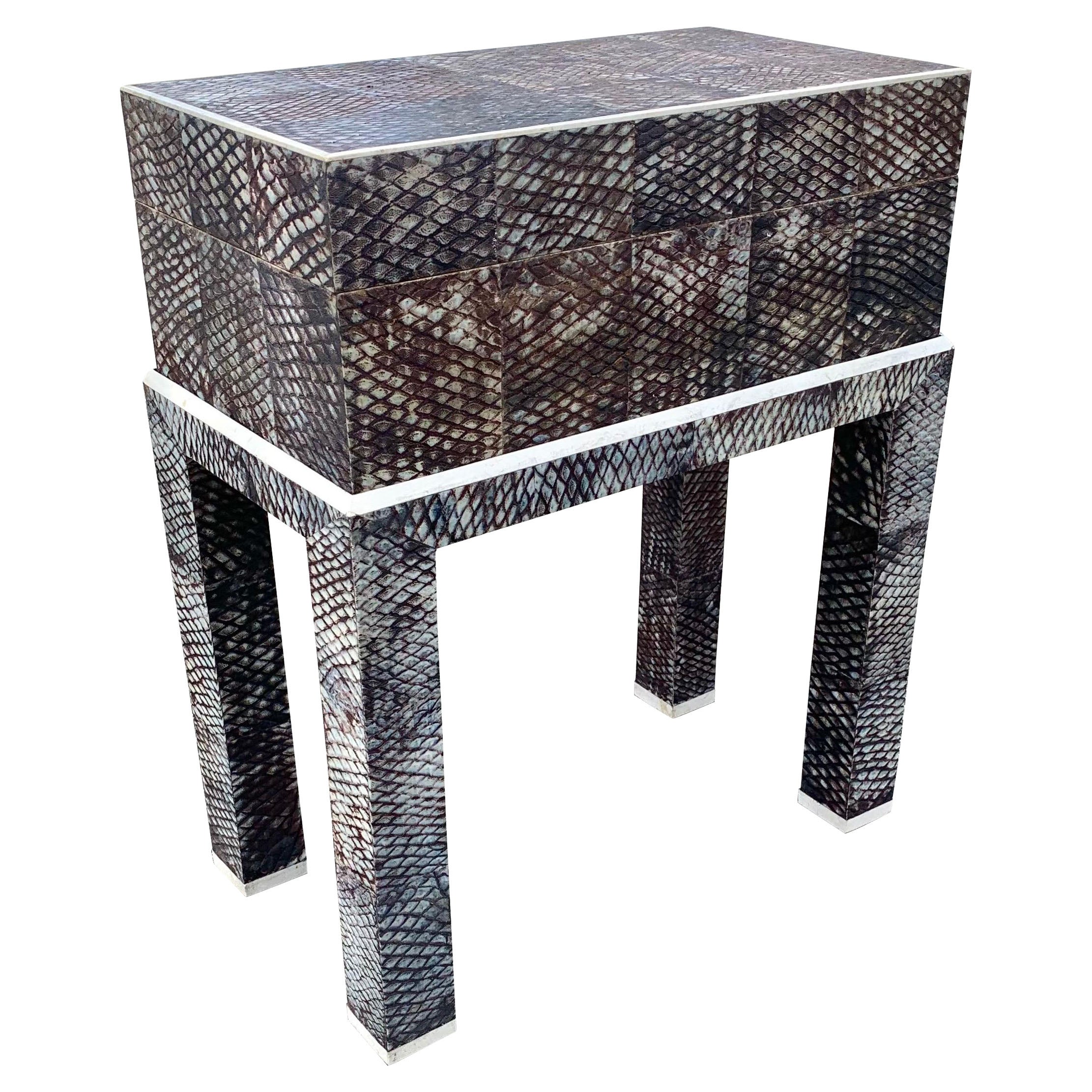 Maitland Smith Decorative Grey Snakeskin Box and Stand