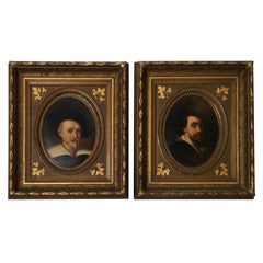 Pair of Original Continental Early Portraits in Original Giltwood Frames