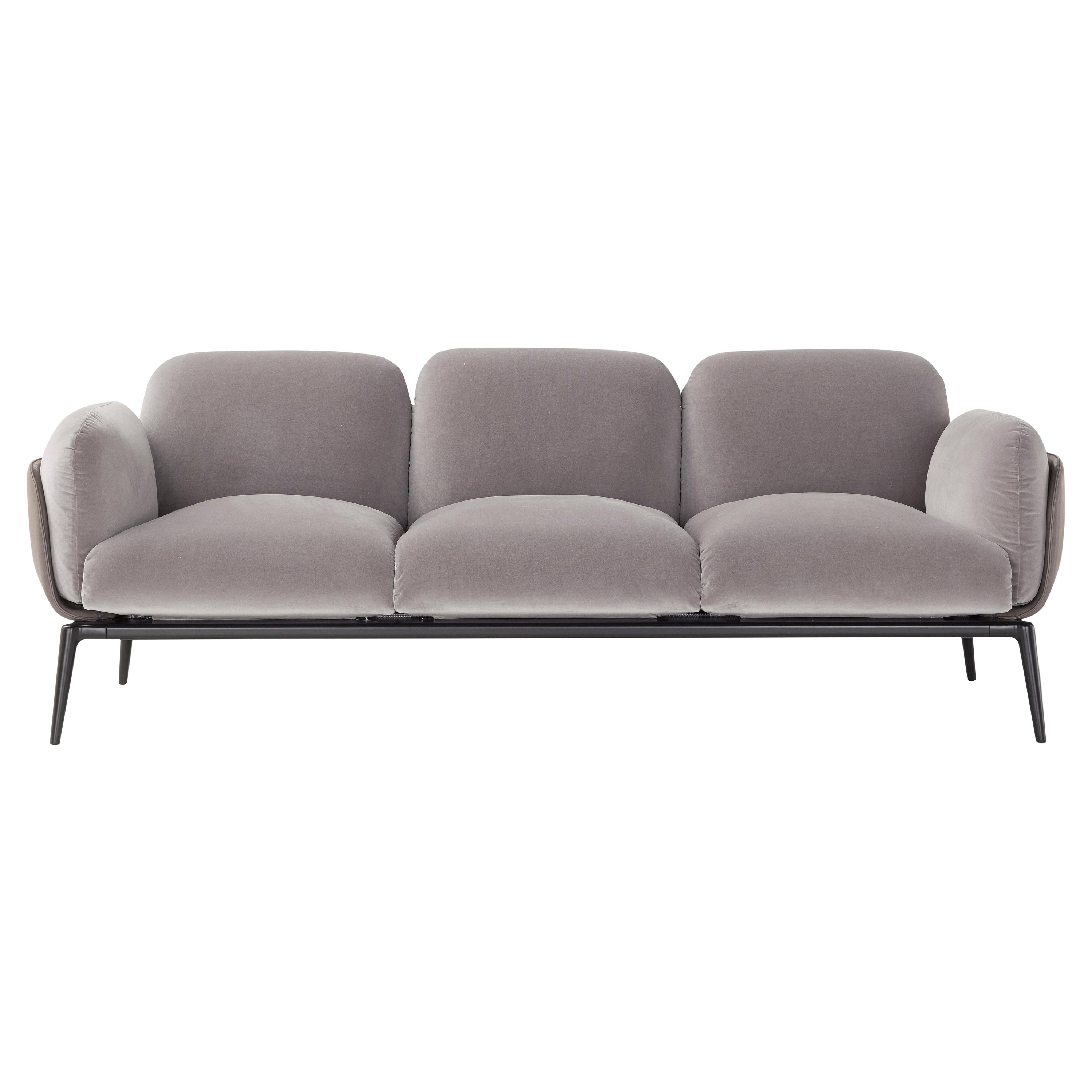 Amura 'Brooklyn' 3-Seat Sofa in Tan Leather and Velvet by Stefano Bigi