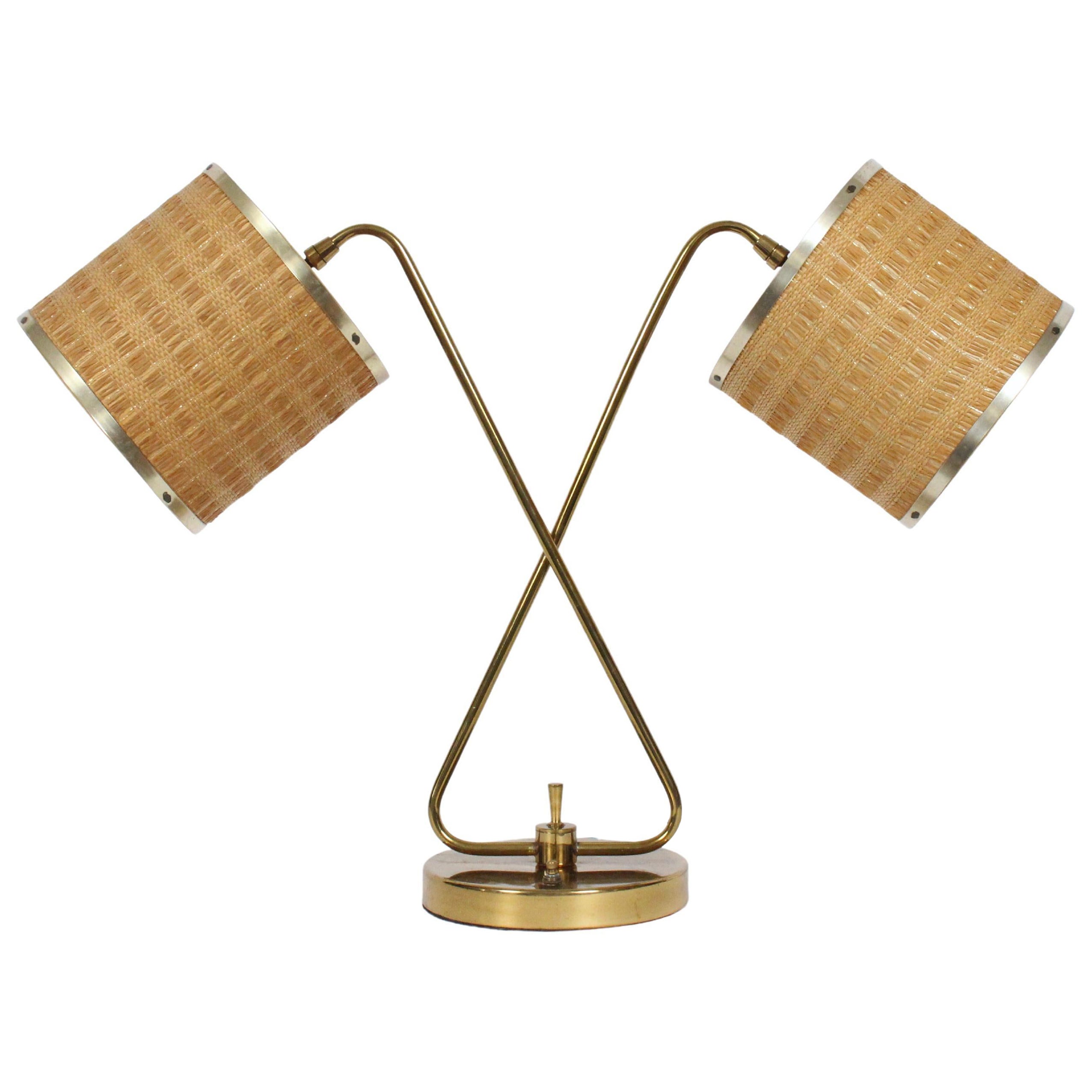 Gerald Thurston Brass Crossed Sword Dual Shade Partners Desk Lamp, 1950's For Sale
