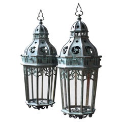 Circa 1880 Late Victorian Pair of Huge Gothic Verdigris Lanterns Copper & Iron