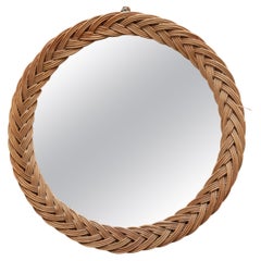 Round Wall Mirror in Wicker Frame, France, 1950s