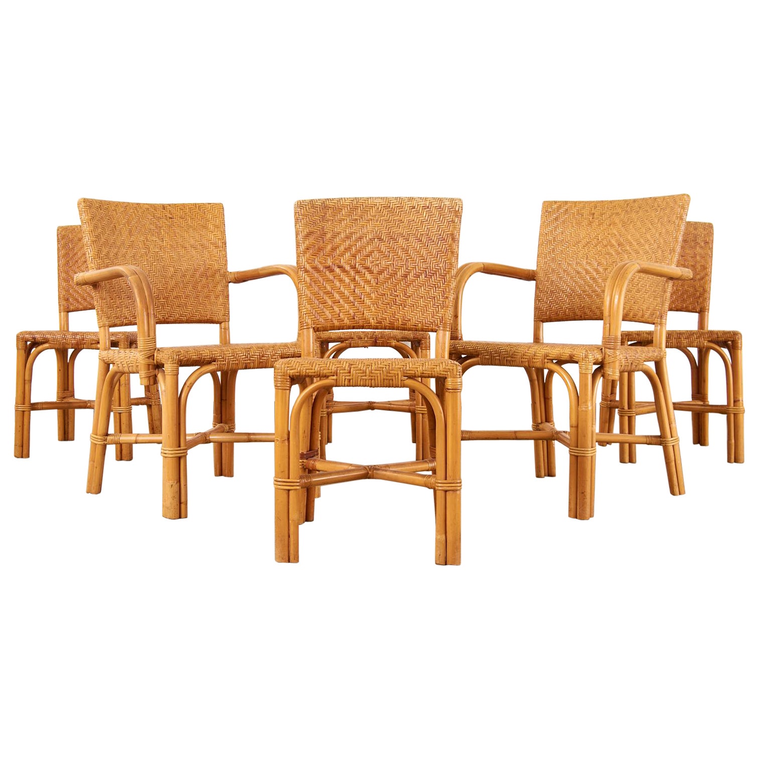 Set of Six French Art Deco Rattan Wicker Dining Chairs