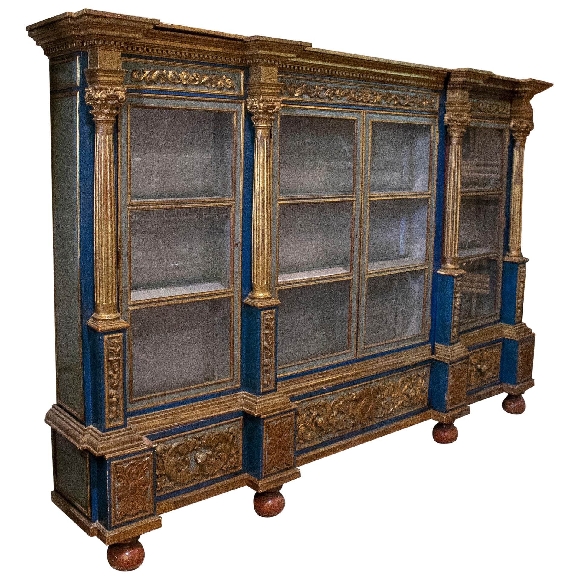 19th Century Spanish Painted Glass Cabinet w/ Doors and Corinthian Columns