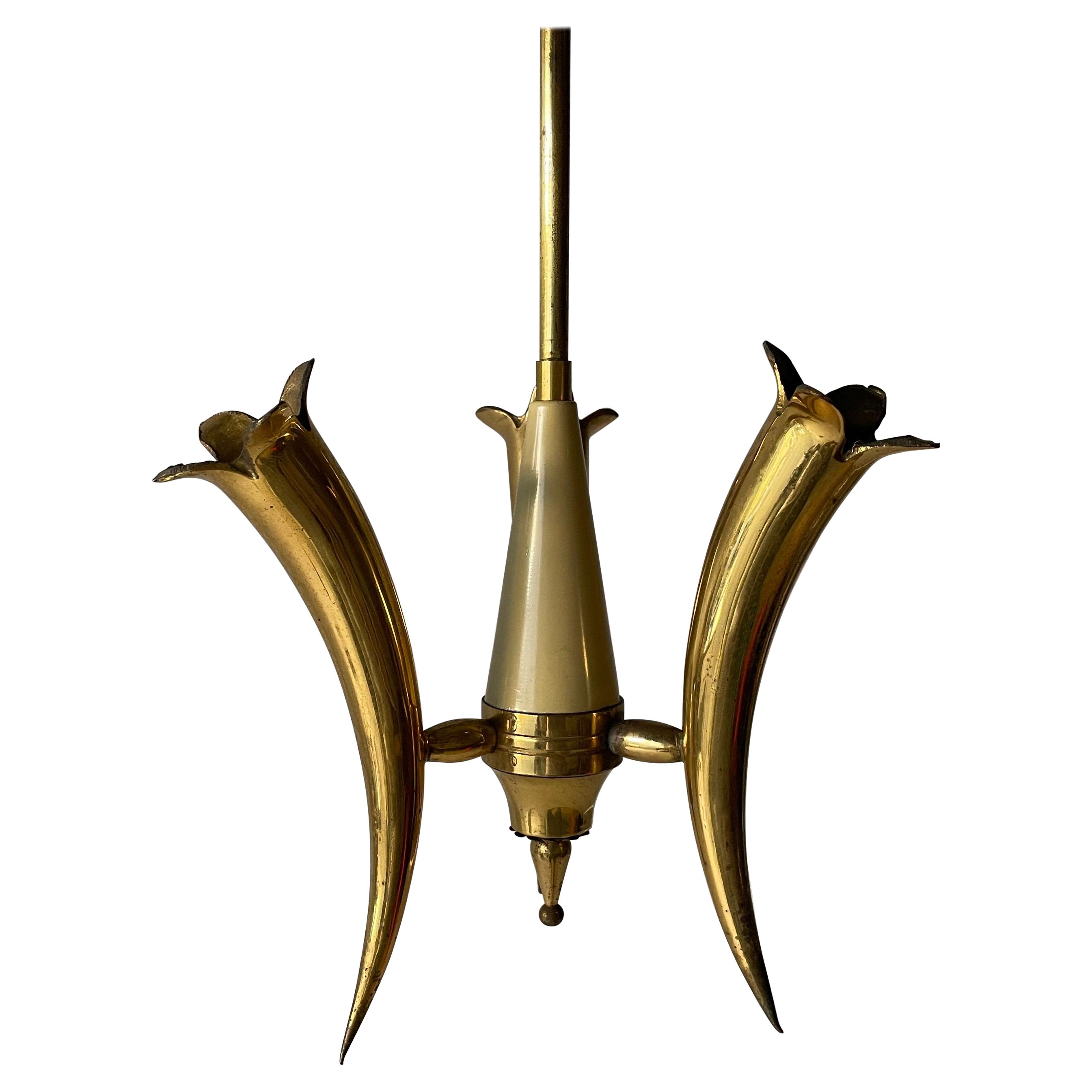 Triple Horn Brass Shade Mid-Century Modern Chandelier, 1950s, Italy For Sale