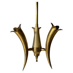 Retro Triple Horn Brass Shade Mid-Century Modern Chandelier, 1950s, Italy