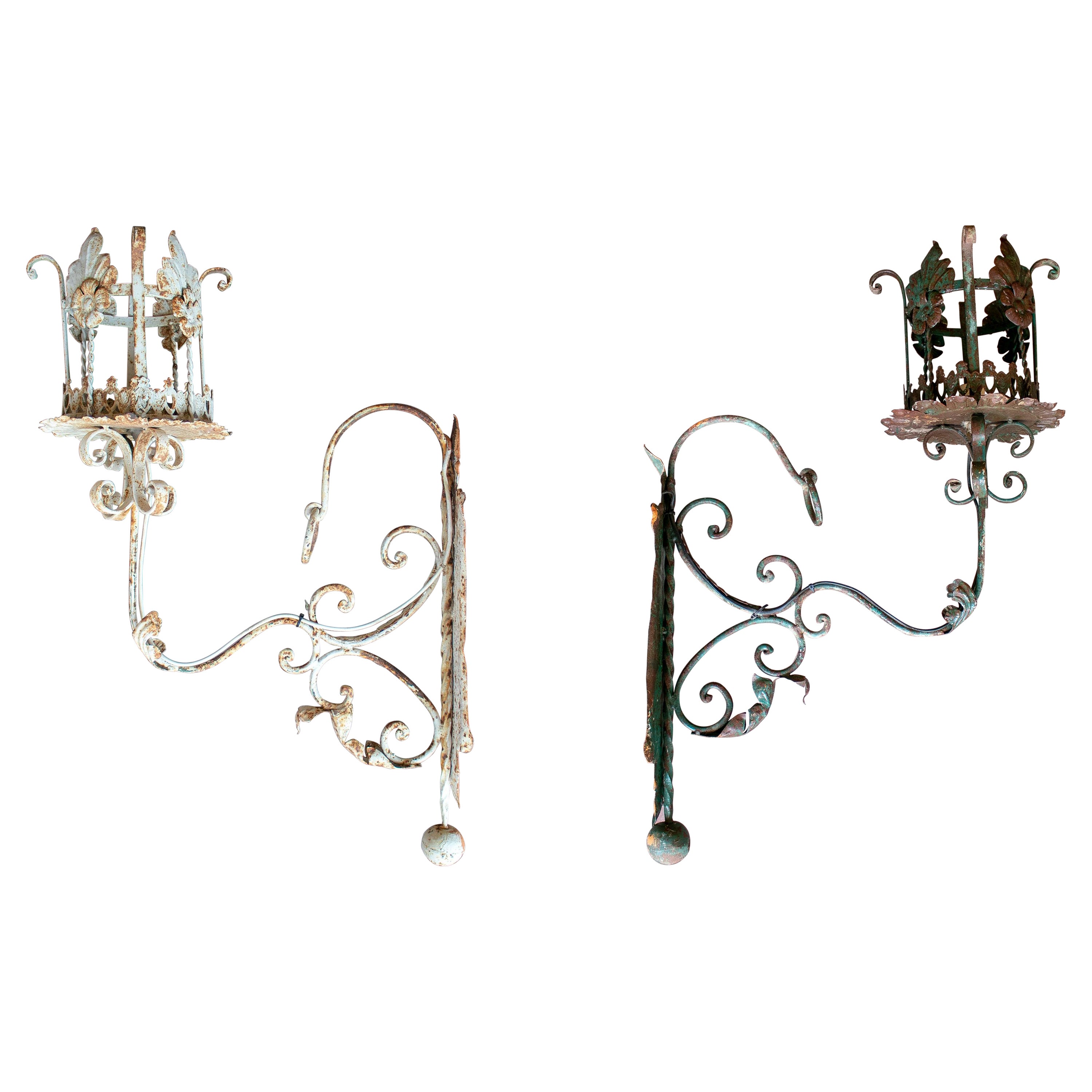 Pair of 1950s Spanish Wrought Iron Wall Lamp Lanterns For Sale