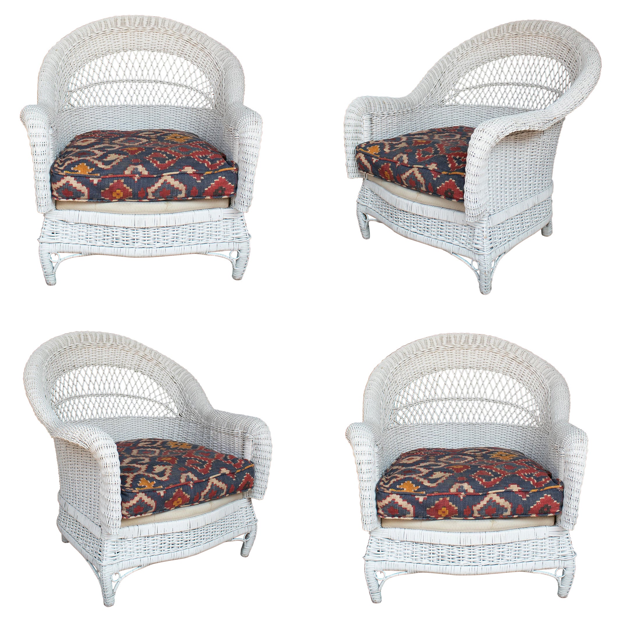 Set of Four 1970s Spanish Woven Wicker White Armchairs For Sale