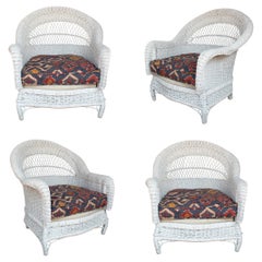 Set of Four 1970s Spanish Woven Wicker White Armchairs