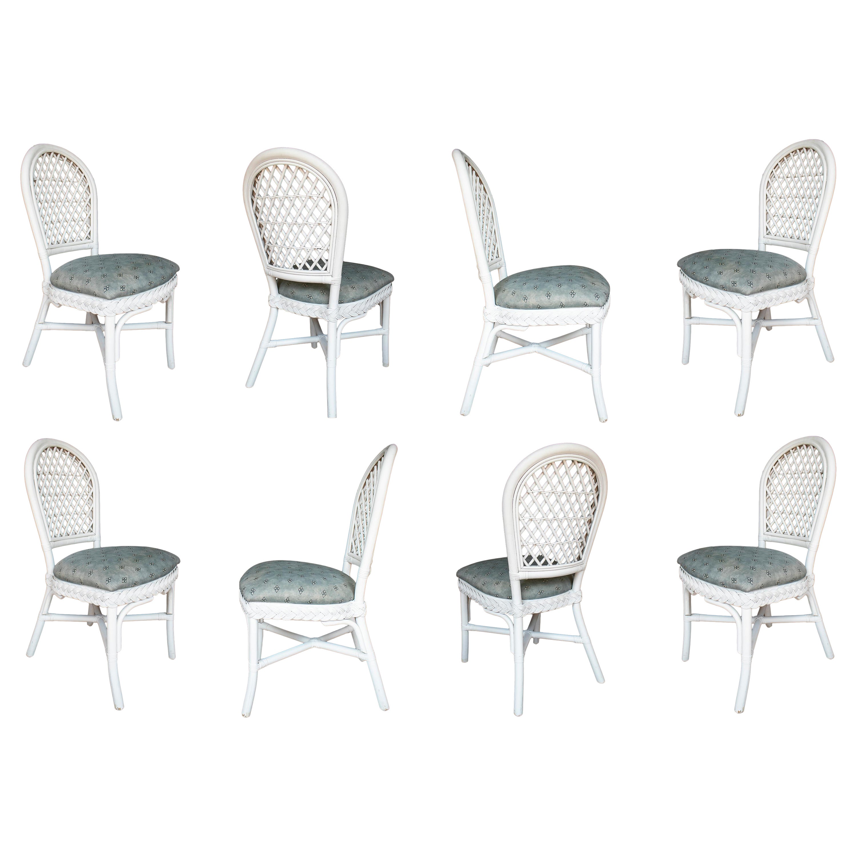 Set of Eight 1980s Spanish Woven Wicker White Chairs
