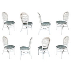 Set of Eight 1980s Spanish Woven Wicker White Chairs