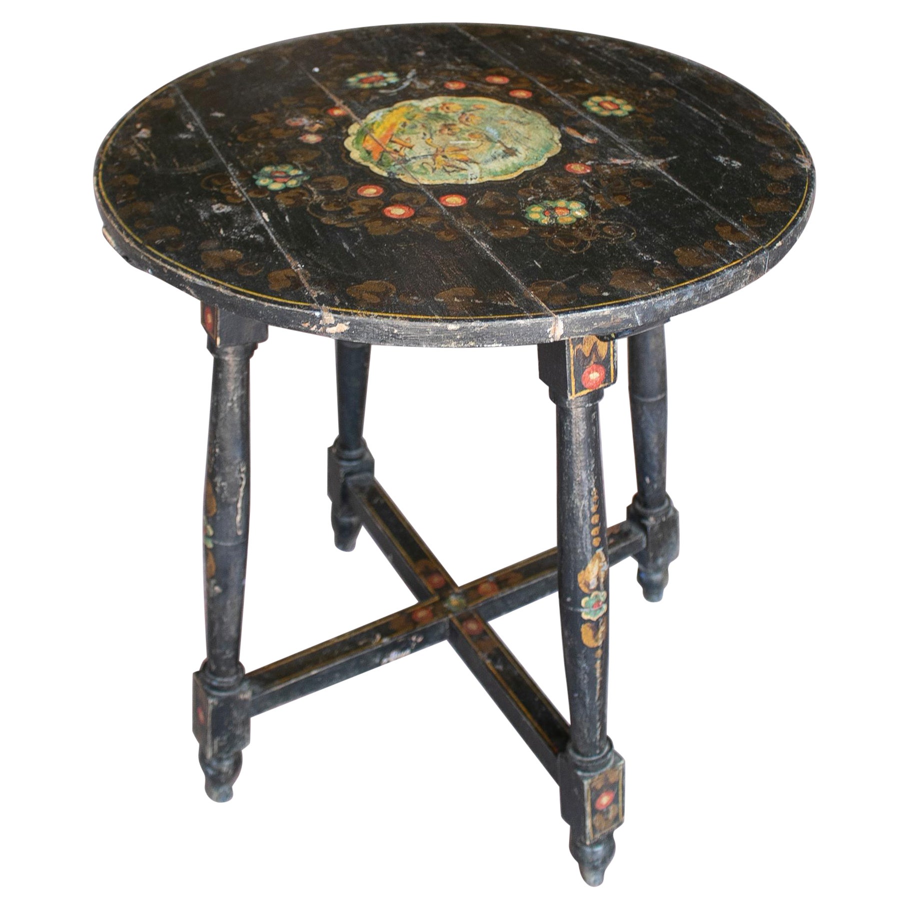 1950s Spanish Andalusian Painted Black Round Table 