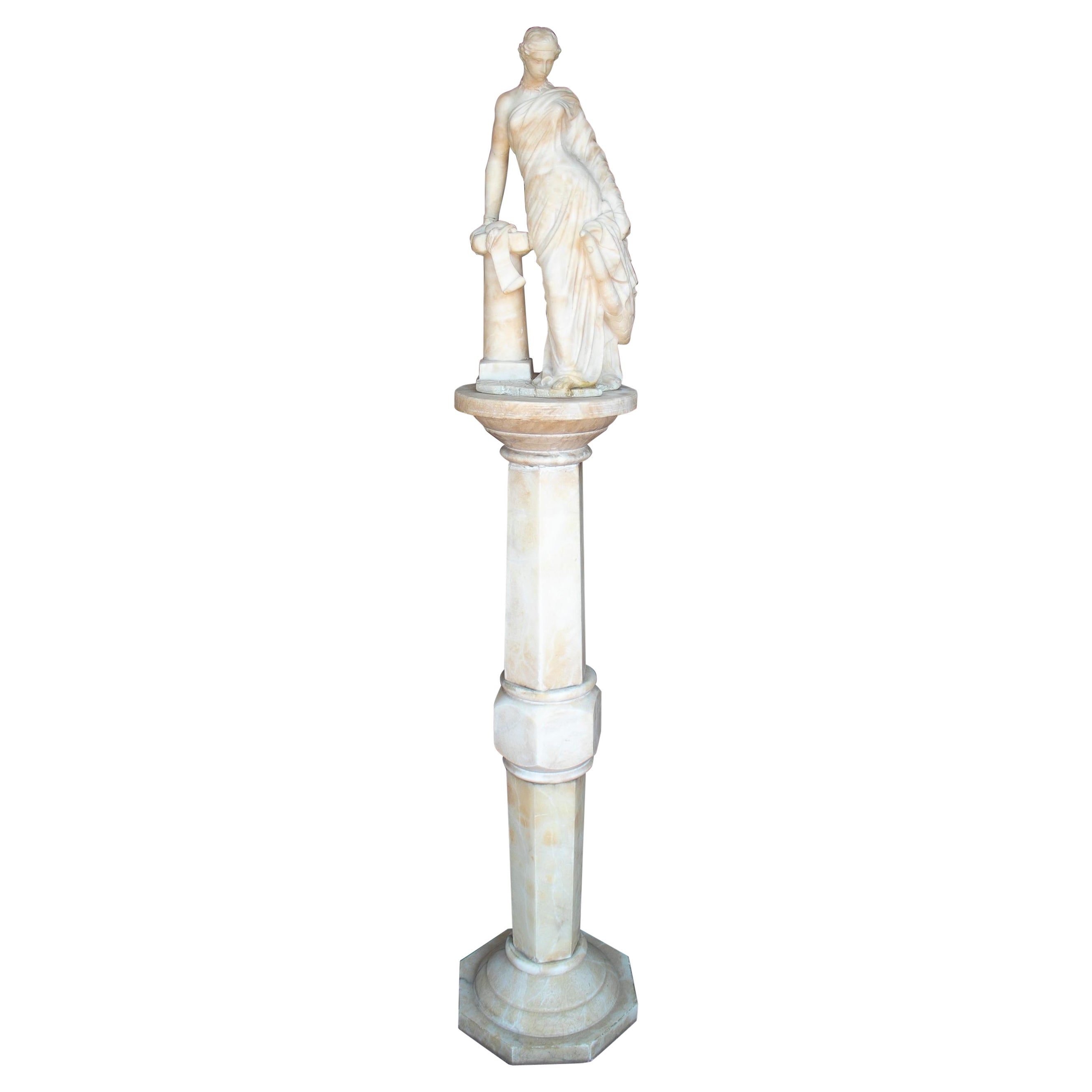 1980s French Romantic Woman Marble Sculpture w/ Pedestal Base For Sale