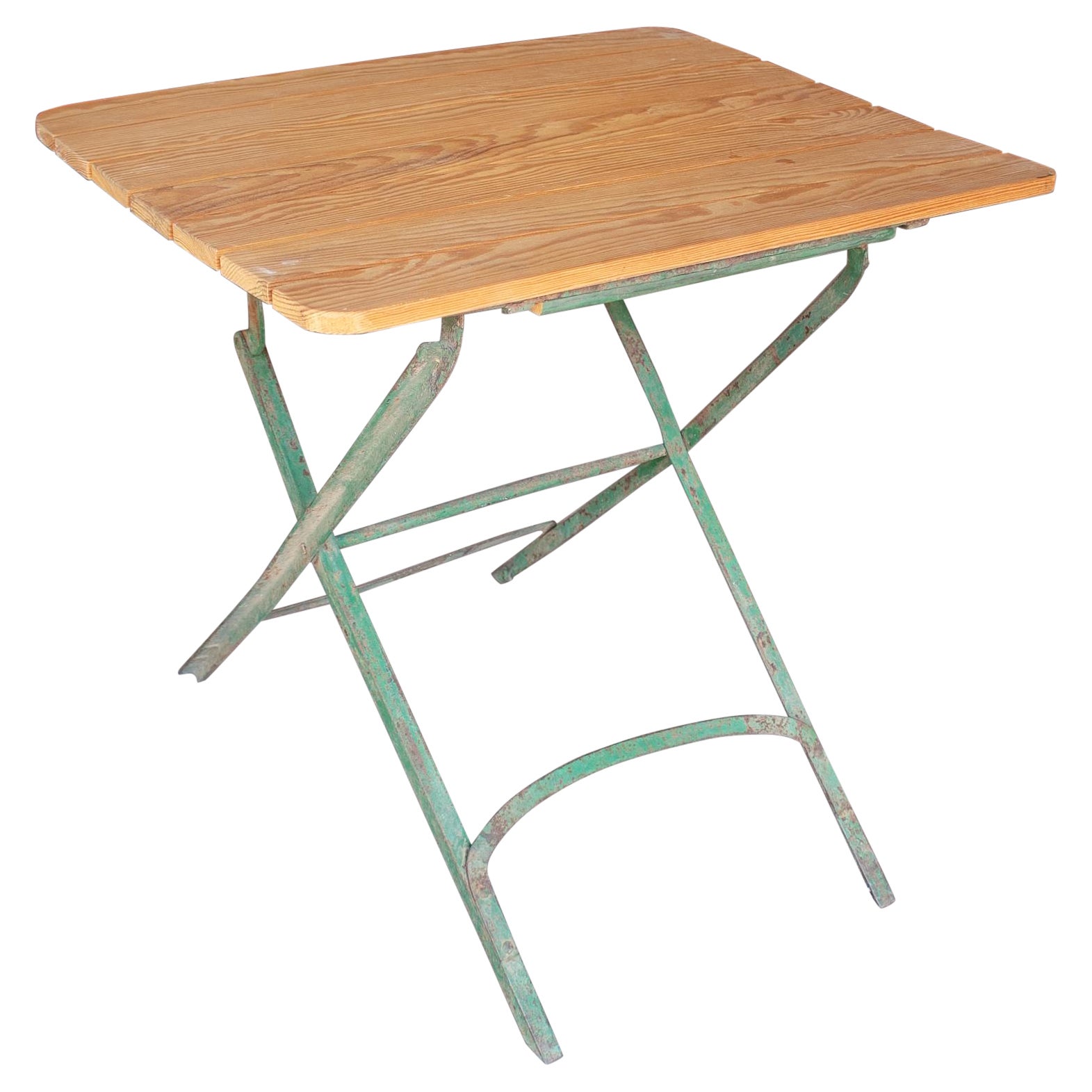 Table de jardin espagnole en bois des années 1970 avec base en fer en vente