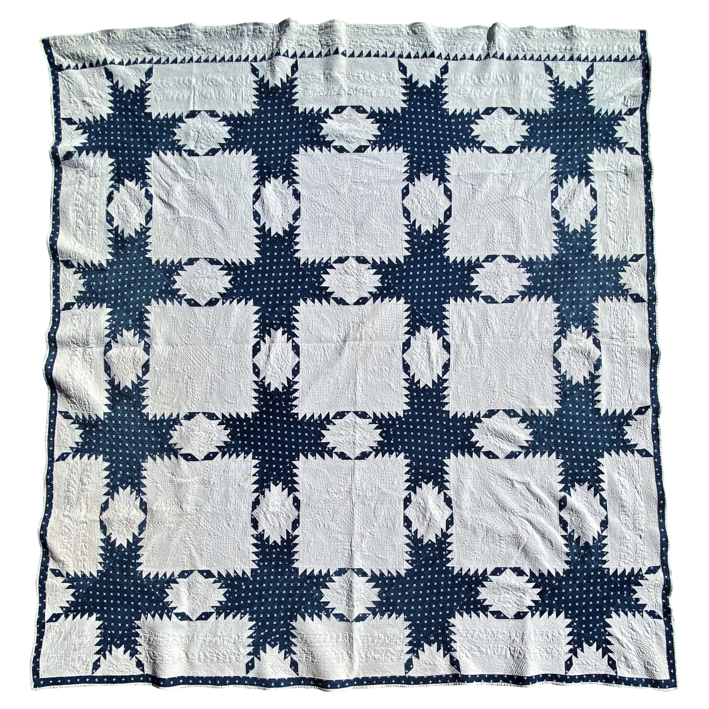 19thc Fine Blue & White Feathered Star Quilt