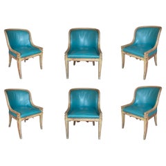 Set of Six 1950s French Faux Leather Wooden Chairs