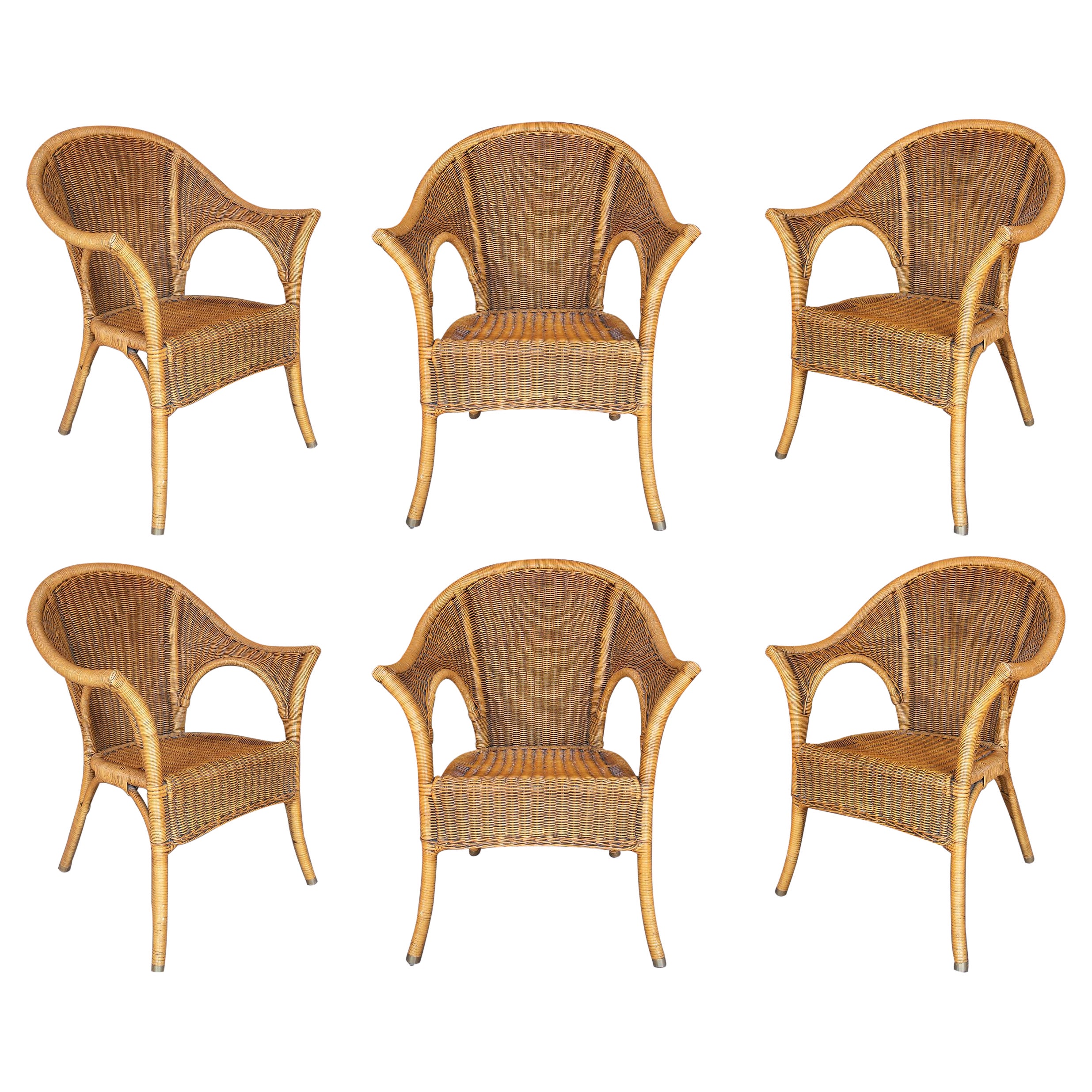 Ensemble de six chaises espagnoles en osier tressé et bambou des années 1980