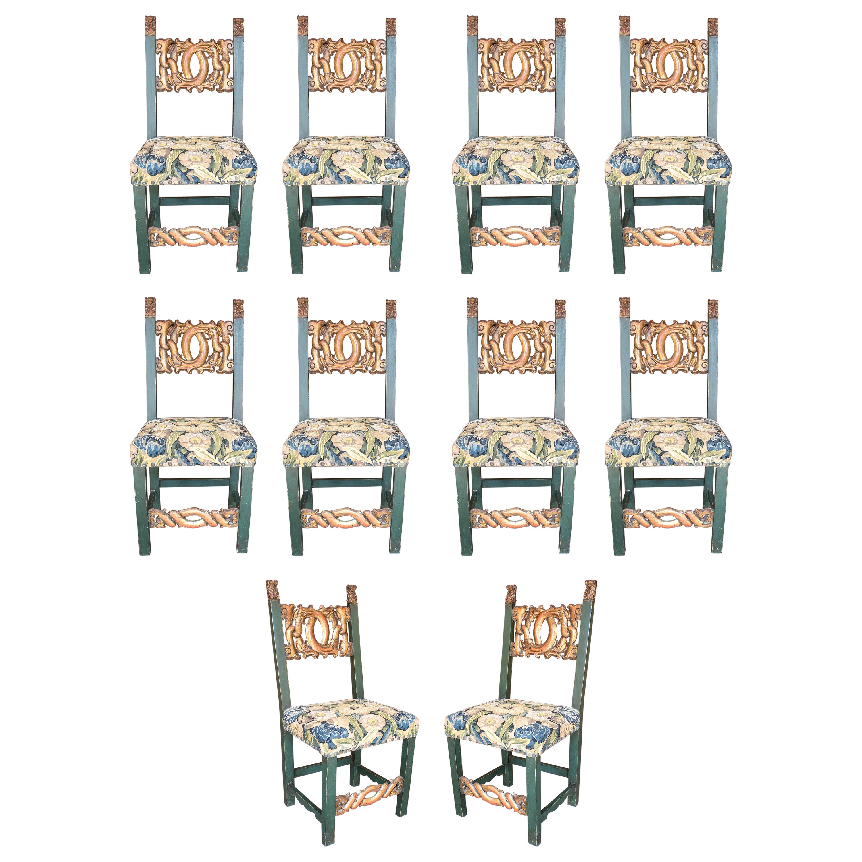 Set of Ten 1950s Spanish Hand Carved Wooden Chairs w/ Embroidery Seats For Sale