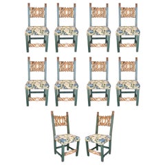 Set of Ten 1950s Spanish Hand Carved Wooden Chairs w/ Embroidery Seats