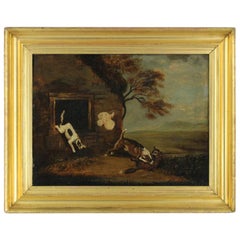 19th Century Dog vs Fox Oil on Canvas Painting