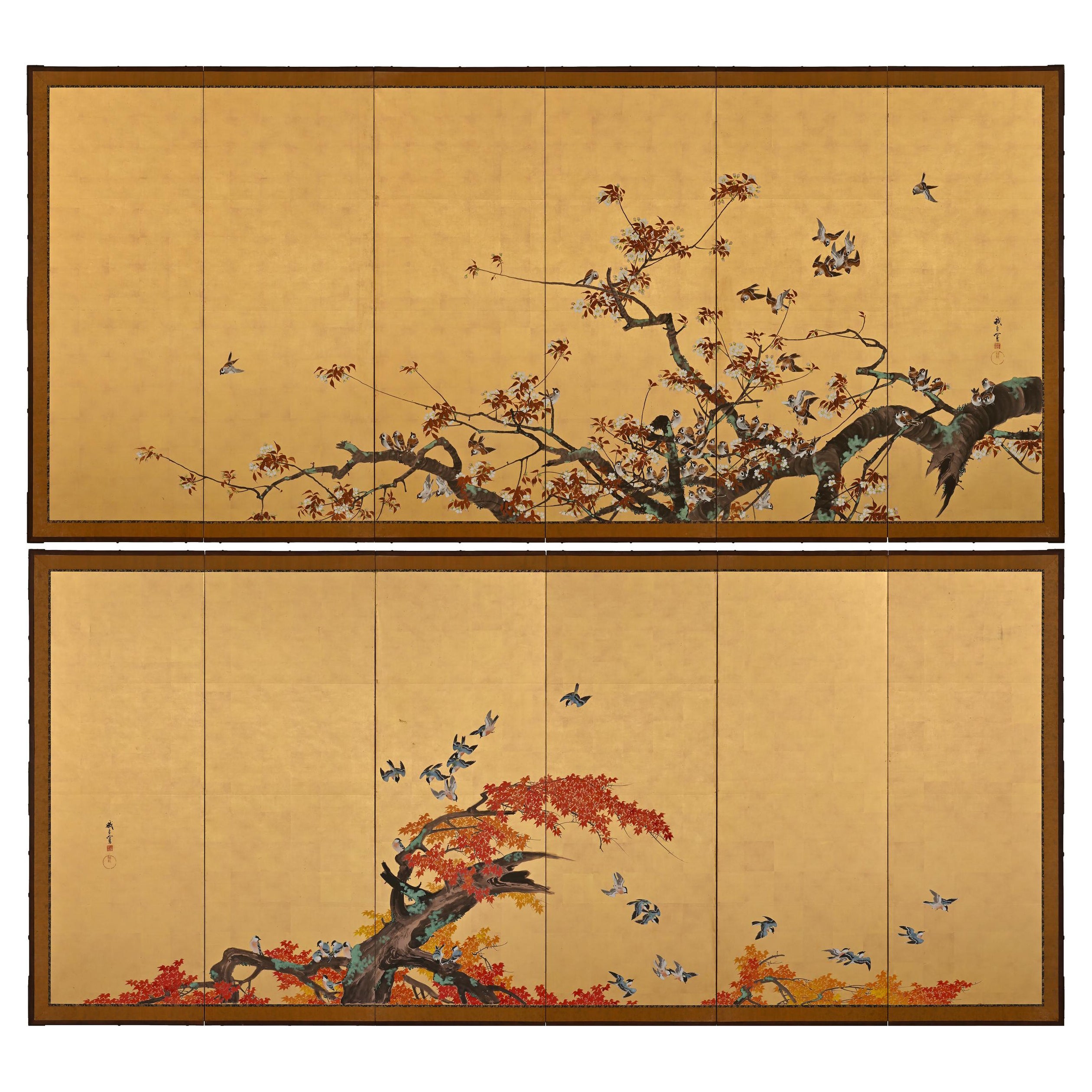 Paire de paravents japonais de l'époque Meiji, vers 1900, fleurs et oiseaux du printemps et de l'automne en vente