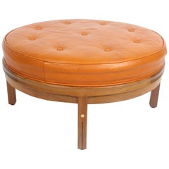 Gerry Zanck for Gregori, Round Orange Leather Pouf or Ottoman on Walnut base