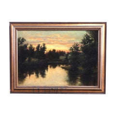 Antique Hudson River School Landscape Painting, Lake Scene by O. Weber, 19th C