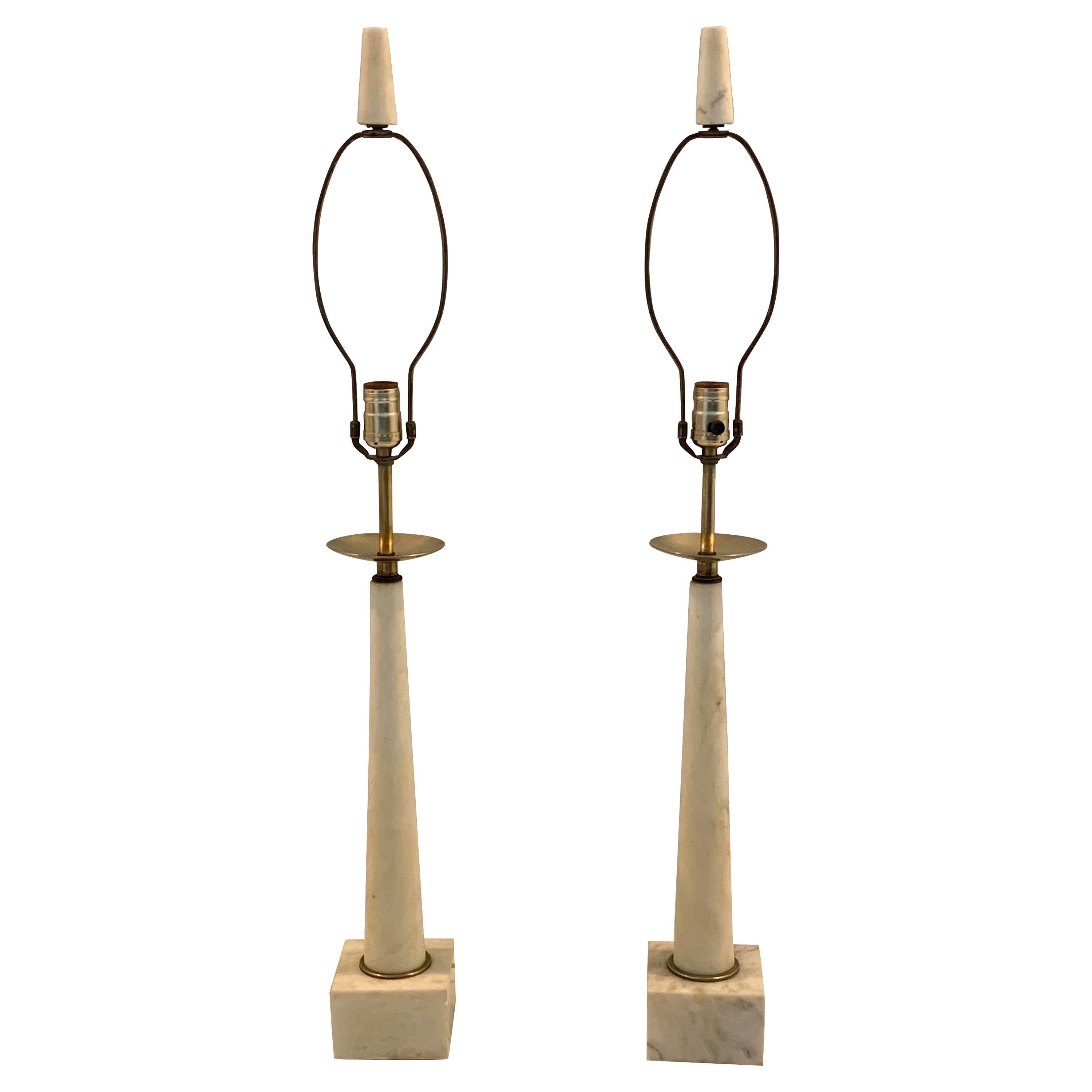 Tommi Parzinger Style Table Lamps in Marble and Brass, a Pair