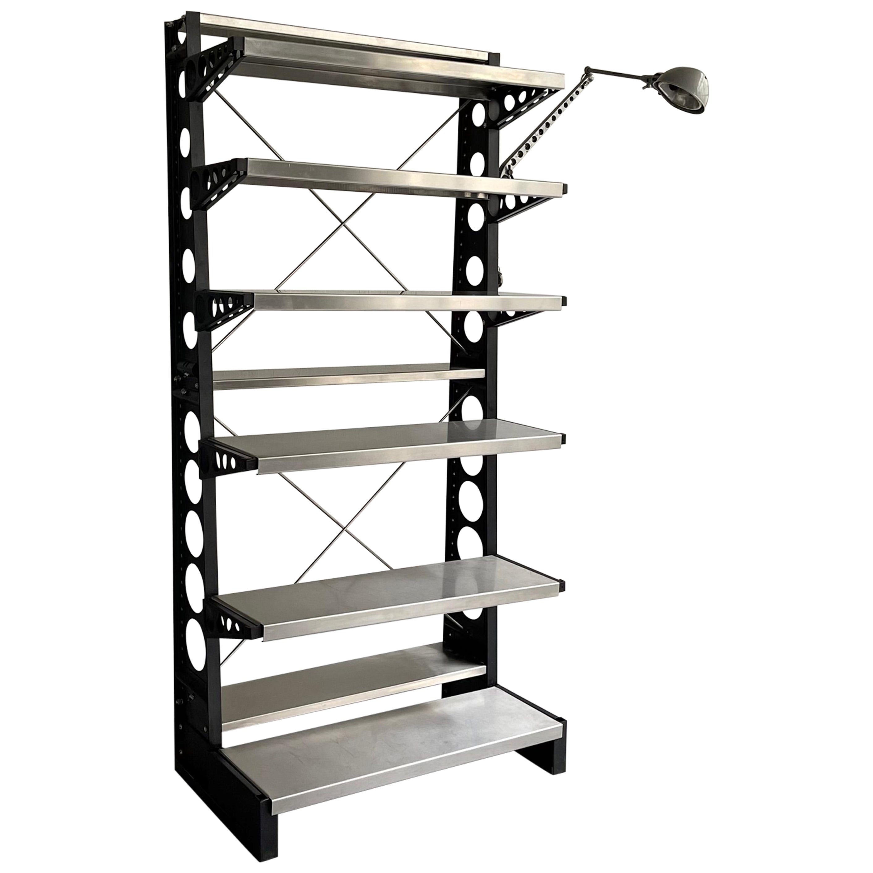 Open Industrial Steel Shelving Unit with Task Lamp
