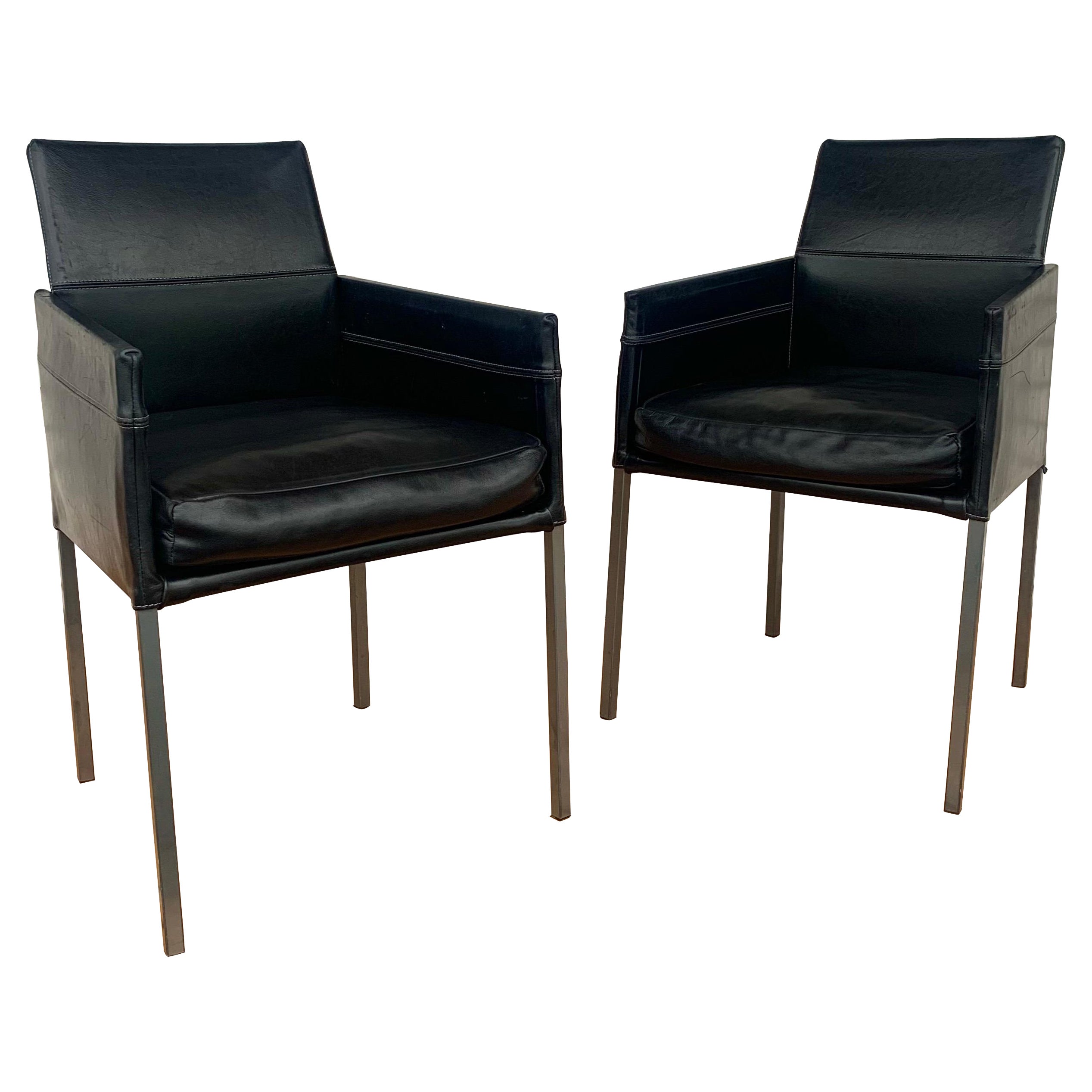 Karl Friedrich Forster Black Leather Arm Chairs, a Pair For Sale