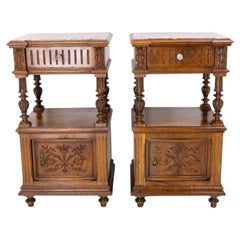 Antique Pair of Nightstands Red Marble Walnut Bedside Tables Side Cabinets, French, 1910