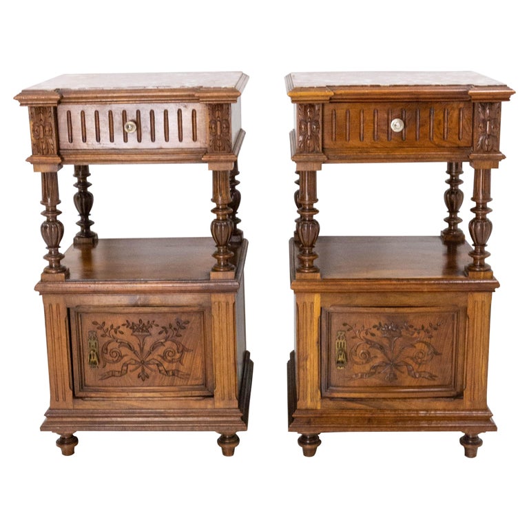 Pair of Nightstands Red Marble Walnut Bedside Tables Side Cabinets, French, 1910