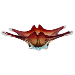 Large Murano Bowl in Reddish and Clear Mouth Blown Art Glass, 1960s / 70s