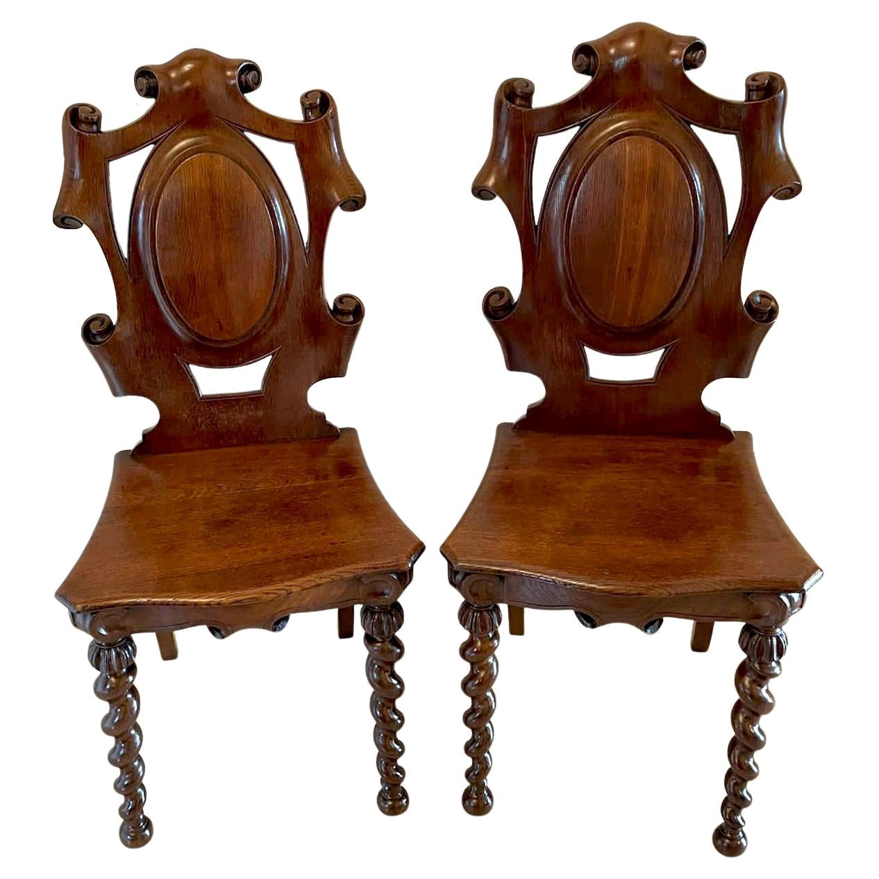Unusual Pair of Antique Victorian Oak Hall Chairs For Sale