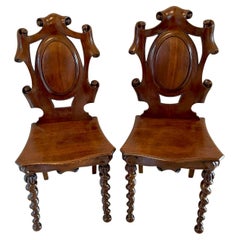 Unusual Pair of Antique Victorian Oak Hall Chairs